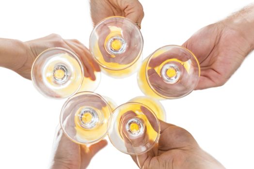 Bottom view of a Group of friends drinking beer, toasting, at pub on white isolated