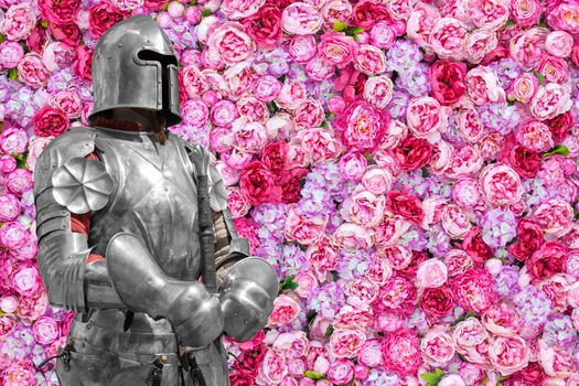 Floral background. Beautiful pink peonies. Medieval knight in armor. Romantic knightly picture.