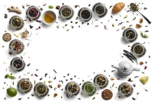 Large assortment of tea on a white background. The view from the top.
