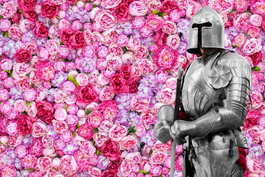 Floral background. Beautiful pink peonies. Medieval knight in armor. Romantic knightly picture.