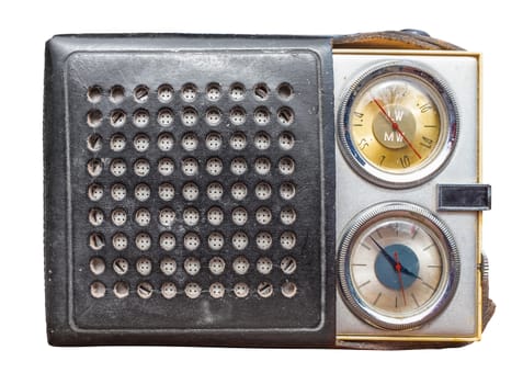 Isolated Vintage Clock Radio In A Leather Case