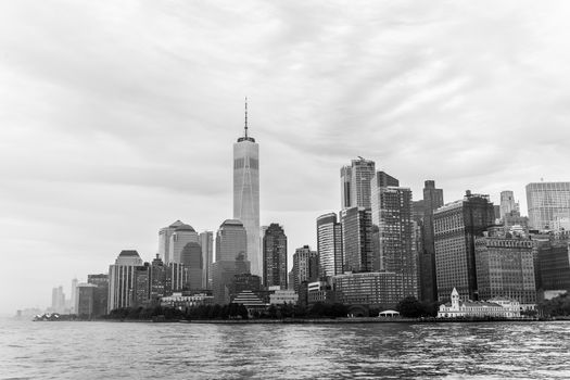 Panoramic view of Lower Manhattan, New York City, USA. Black and white.