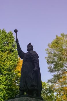 Monument to Bogdan Khmelnitsky, Hetman of Zaporozhye Cossacks, installed by Sculptors M.K. Vronsky, A.P. Oleinik, architect A.S. Levtukh. at Park Bogdan Khmelnitsky in Dnipro city, Ukraine. 08102019