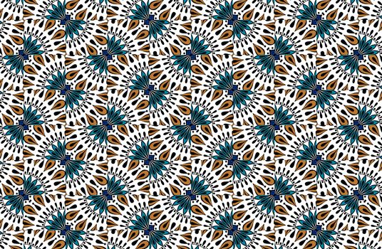 Colorful floral ethnic mandala pattern in patchwork boho chic style in blue and turquoise colors, in portuguese and moroccan motive