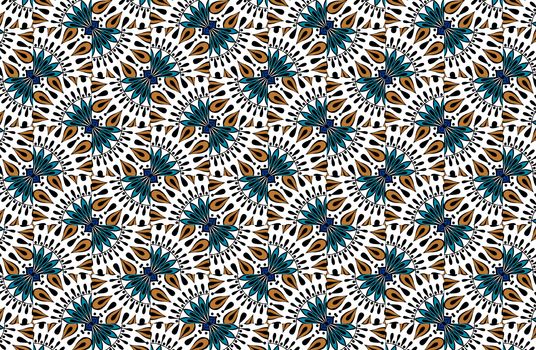 Colorful floral ethnic mandala pattern in patchwork boho chic style in blue and turquoise colors, in portuguese and moroccan motive