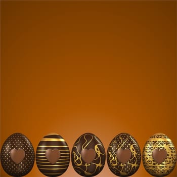Several Easter eggs with hearts in brown background with text space - 3D render