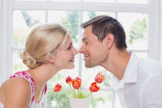 Close-up side view of a romantic young couple rubbing noses at home