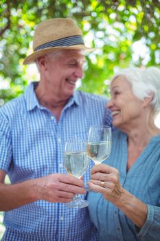 Happy couple toasting white wine while standing outdoors