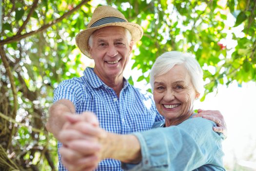 Portrait of cheerful retired couple dancing outdoors