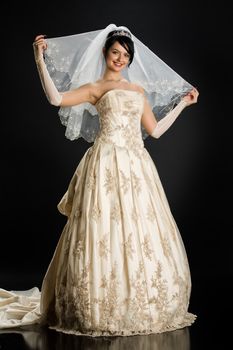 Young beautiful woman in a wedding dress on a studio background
