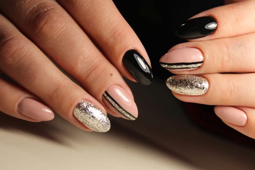 black manicure design beige and silver color with abstraction
