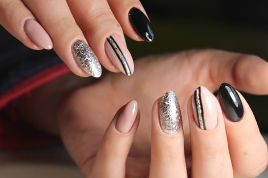 black manicure design beige and silver color with abstraction