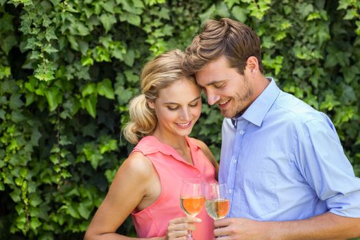 Romantic happy couple toasting wineglasses at front yard