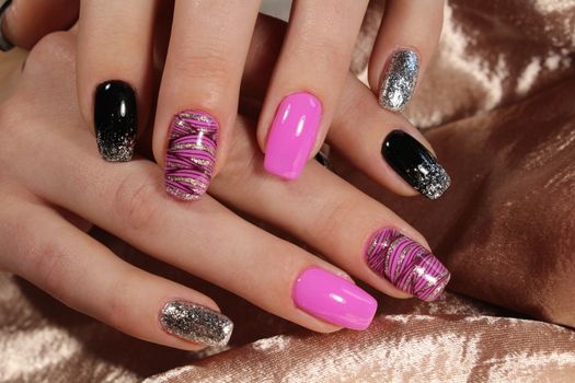 Nail art manicure. Beauty hands. Trendy Stylish Colorful Nails and Nailpolish. Manicure nail paint.