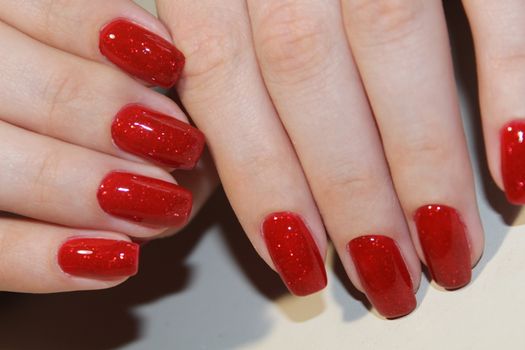 beautiful female hands with sexy red manicure.