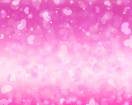 Abstract pink romantic background with hearts and bokeh. White glitter effect.
