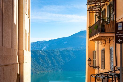 Scenic sight in Castel Gandolfo, with the Albano lake, in the province of Rome, Lazio, central Italy.