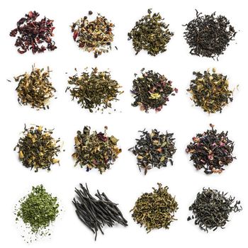 Large assortment of tea on a white background. The view from the top.