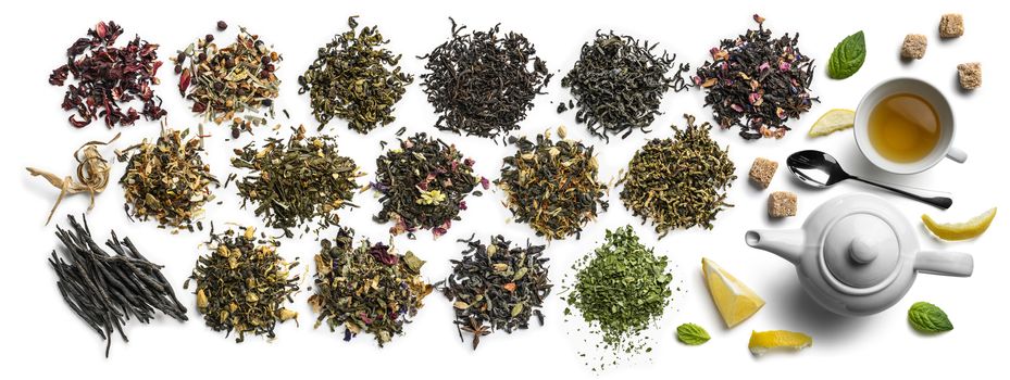 Large assortment of tea on a white background. The view from the top.