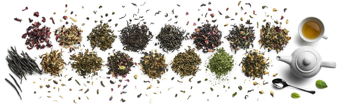 Large assortment of tea on a white background. The view from the top.