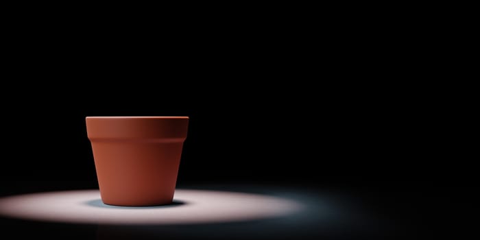 One Single Earthenware Empty Flowerpot Spotlighted on Black Background with Copy Space 3D Illustration