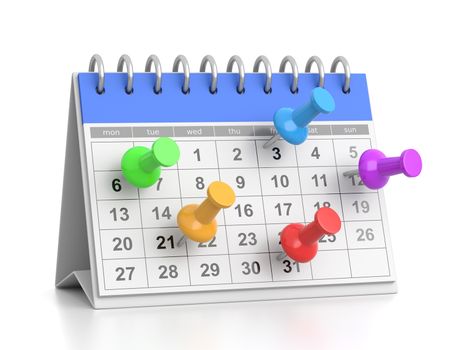 Colorful Thumbtack on a Blue and White Desk Calendar on White Background 3D Illustration
