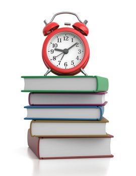 Stack of Books with Alarm Clock on White Background 3D Illustration