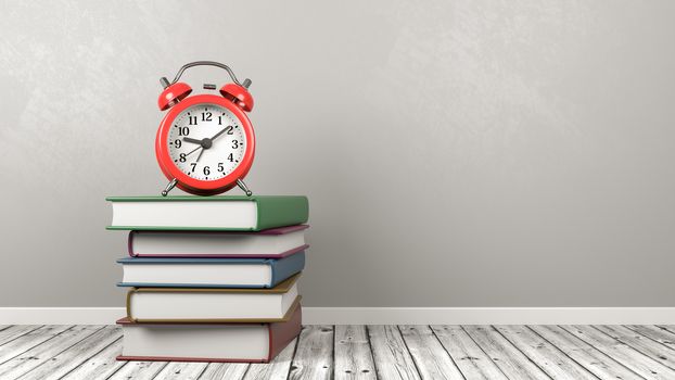 Stack of Books with Alarm Clock on Wooden Floor Against Gray Wall with Copy Space 3D Illustration