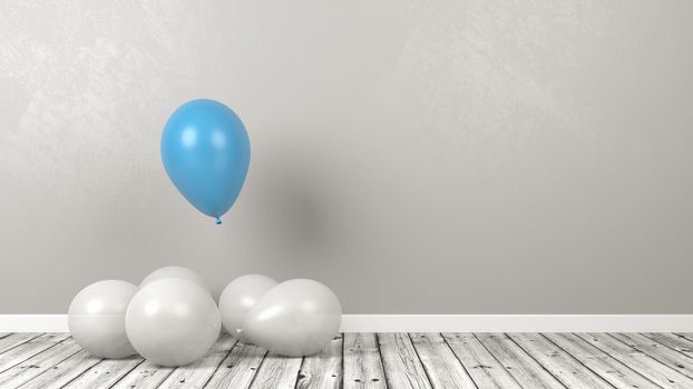 Blue Balloon Rising Up from a Crowd of White on Wooden Floor Against Gray Wall with Copy Space 3D Illustration