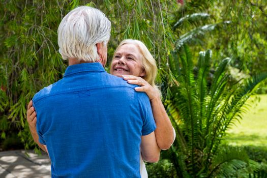 Romantic senior couple embraing against tree at park