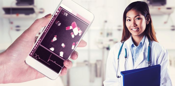 Asian doctor holding blue binder against pink pixel pills technology