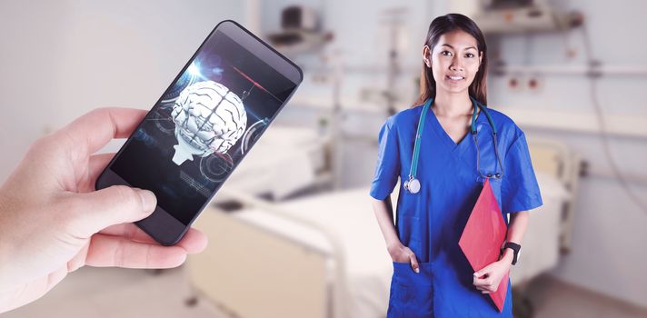 Asian nurse with stethoscope looking at the camera against medical biology interface in black