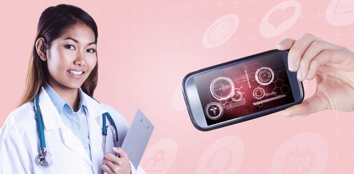 Asian doctor holding clipboard against medical biology interface in blue