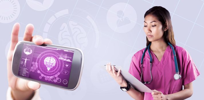 Asian nurse with stethoscope looking at the camera against medical biology interface in blue