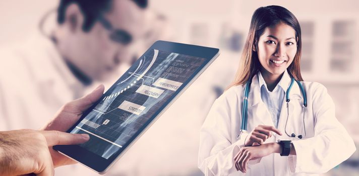 Asian doctor using her smart watch against science student using pipette in the lab to fill test tubes