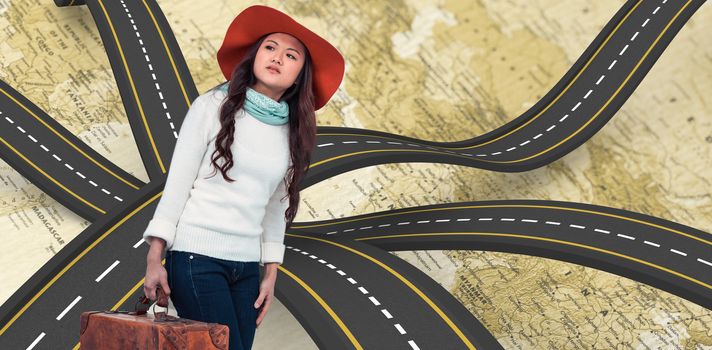 Asian woman with hat holding luggage  against world map with compass showing southern asia
