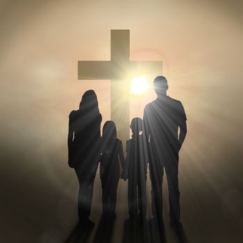 Cheerful family holding hands against dark background