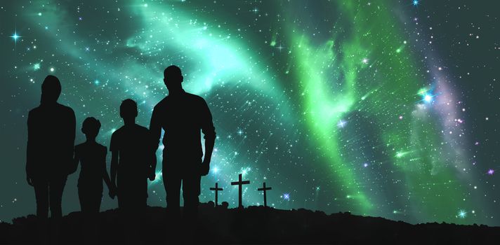 Portrait of happy family walking over white background against cross religion symbol shape over sky with aurora borealis