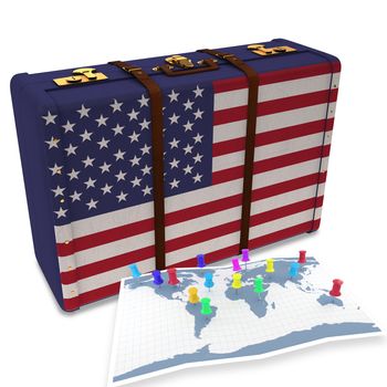 Pushpins on world map against usa flag suitcase