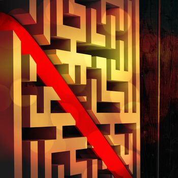 Line through maze against wooden planks background