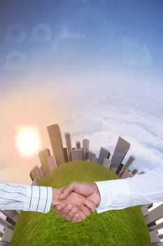 Business people shaking hands  against white clouds under blue sky