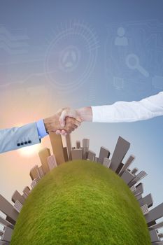 Business people shaking hands on white background against blue sky