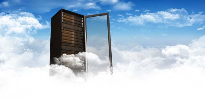 Server Tower against bright blue sky with clouds