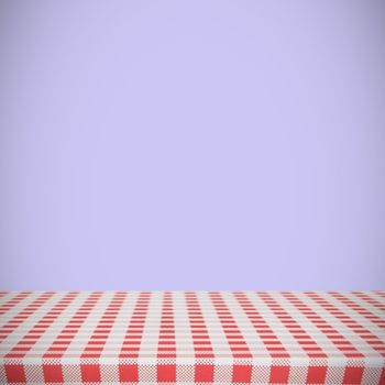 Red and white tablecloth against purple background