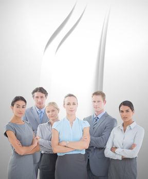 Business team smiling at camera against abstract white design