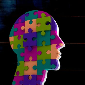 Head made of jigsaw pieces against overhead of wooden planks
