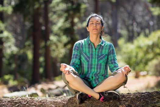Attractive woman doing yoga in forest