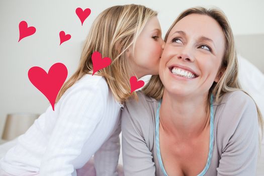 Red Hearts against girl giving her mother a kiss