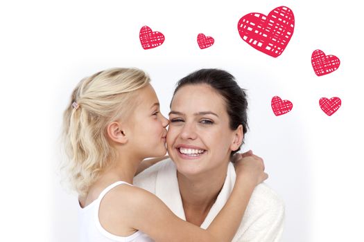 Red Hearts against daughter kissing her mother in bathroom
