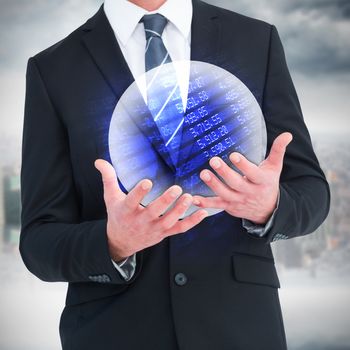 Businessman gesturing with his hands against stocks and shares